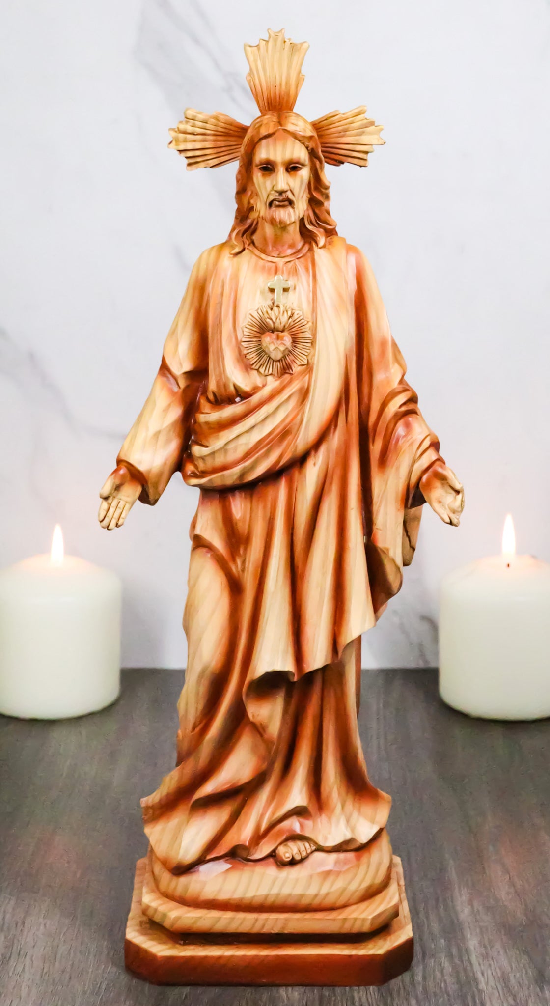 Standing Sacred Heart of Jesus Christ Catholic Christian Faux Wood Figurine