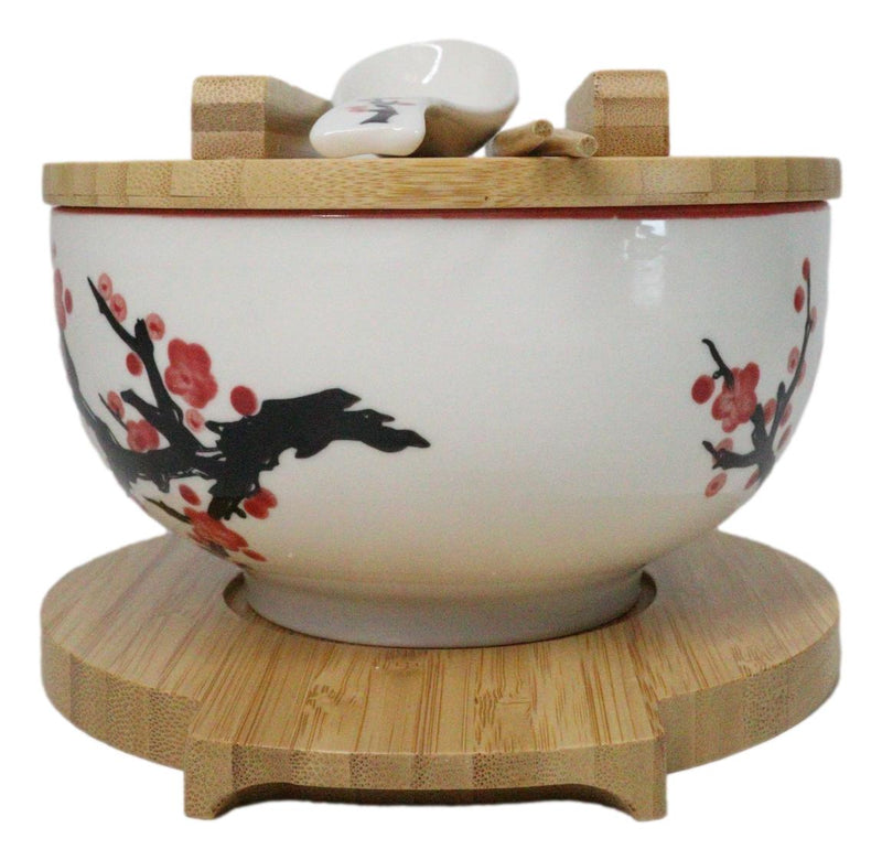 White Ume Plum Blossoms Donburi Ramen Bowl With Lid Trivet Spoon Chopsticks Set