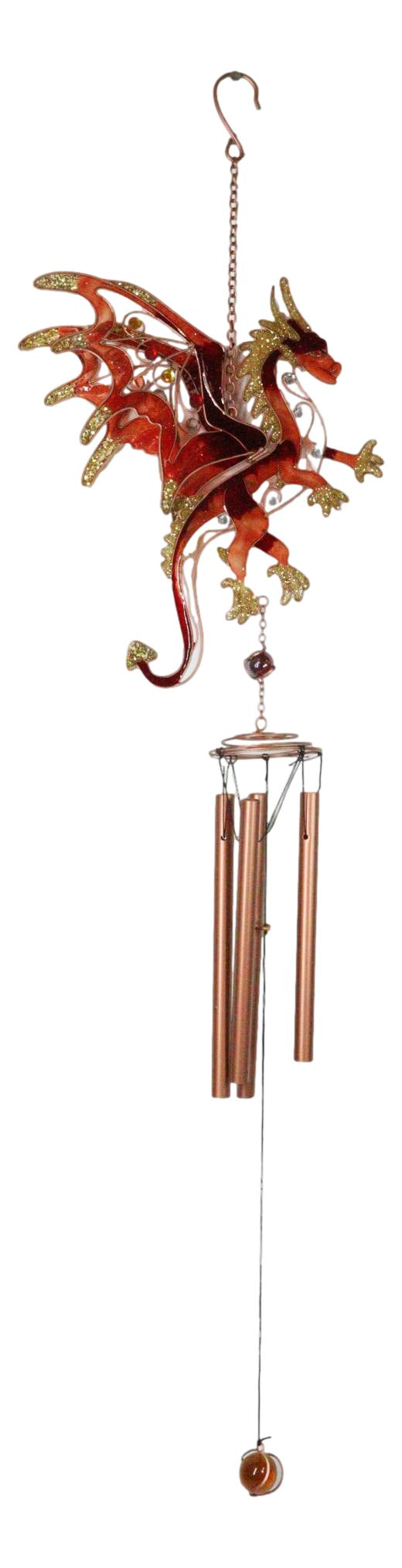 Medieval Fantasy Red Gold Fire Dragon Cross Art Glass Gemstones Metal Wind Chime