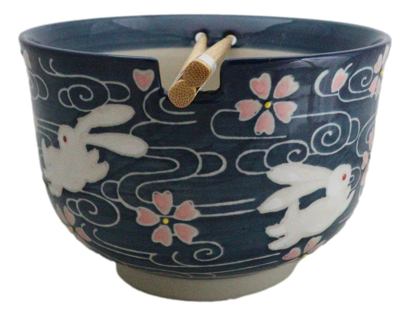 Pink Sakura White Rabbits Large 24Oz Donburi Ramen Bowl With Chopsticks Set