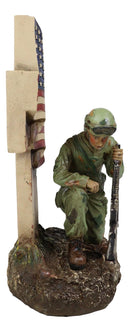 Military War Hero Soldier With Rifle By American Flag Cross Memorial Figurine