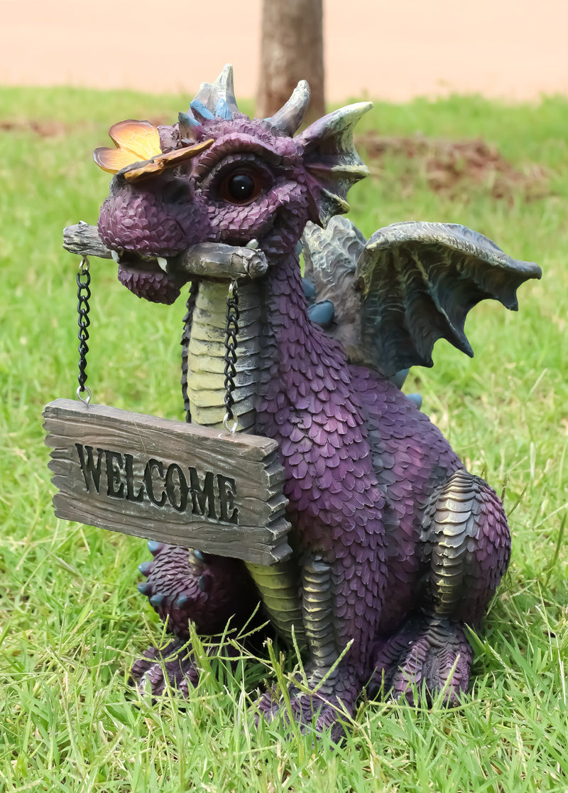 Whimsical Purple Garden Dragon With Butterfly Biting Welcome Plank Sign Figurine