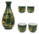 Green Golden Koi Fishes In Water Porcelain Sake Flask And 4 Ochoko Cups Set