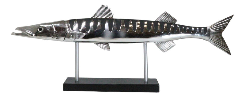 Marine Faux Taxidermy Silver Tone Large Barracuda Fish Sculpture With Pole Stand