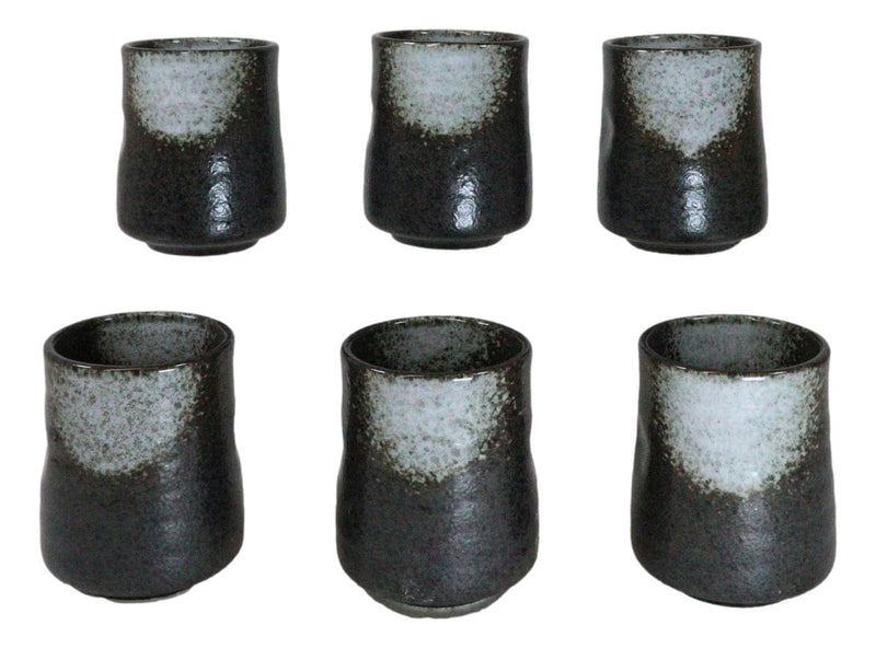 Pack Of 6 Charcoal Grey Tone Hakumu Reactive Glaze Ceramic Yunomi Tea Cups 9oz