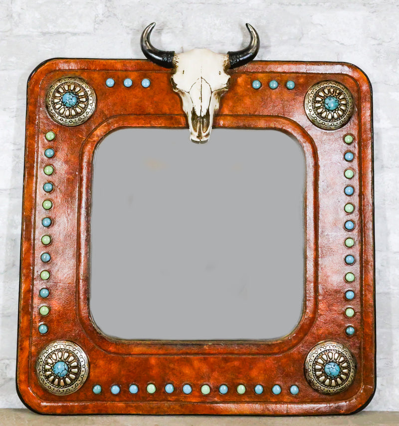 Rustic Western Bull Cow Skull And Turquoise Silver Conchos Faux Leather Mirror
