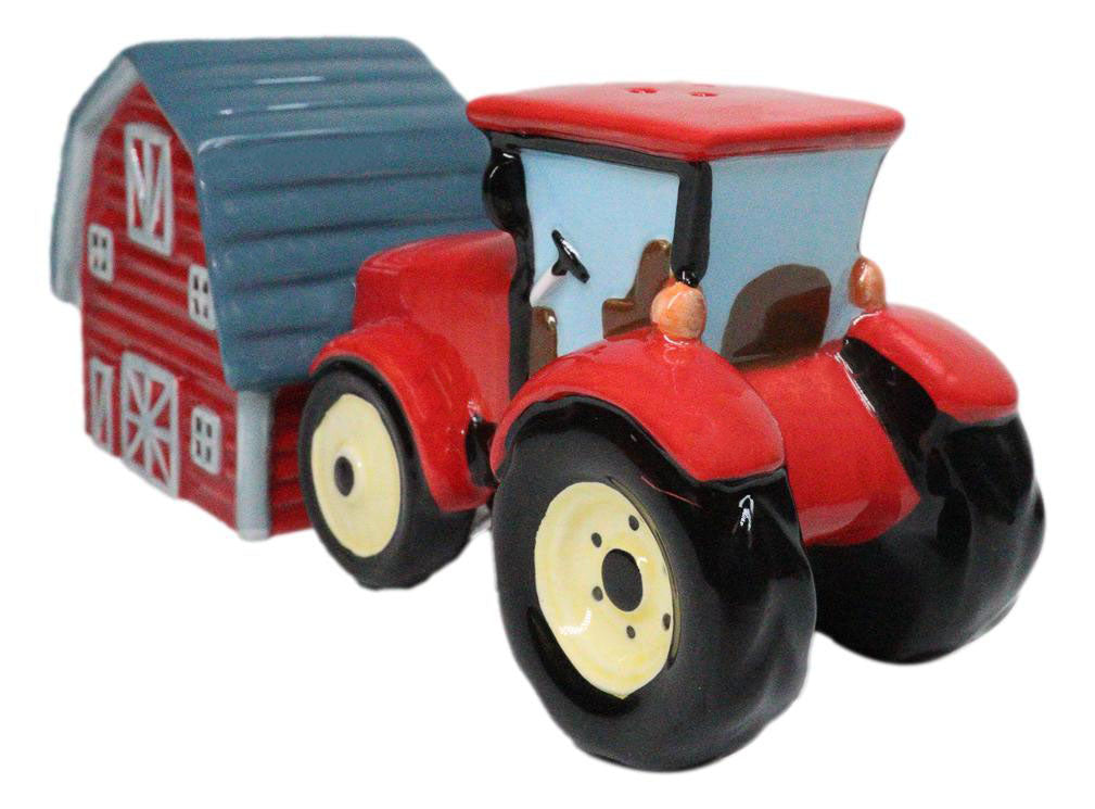 Ceramic Agricultural Country Farm Red Barn And Tractor Salt And Pepper Shakers