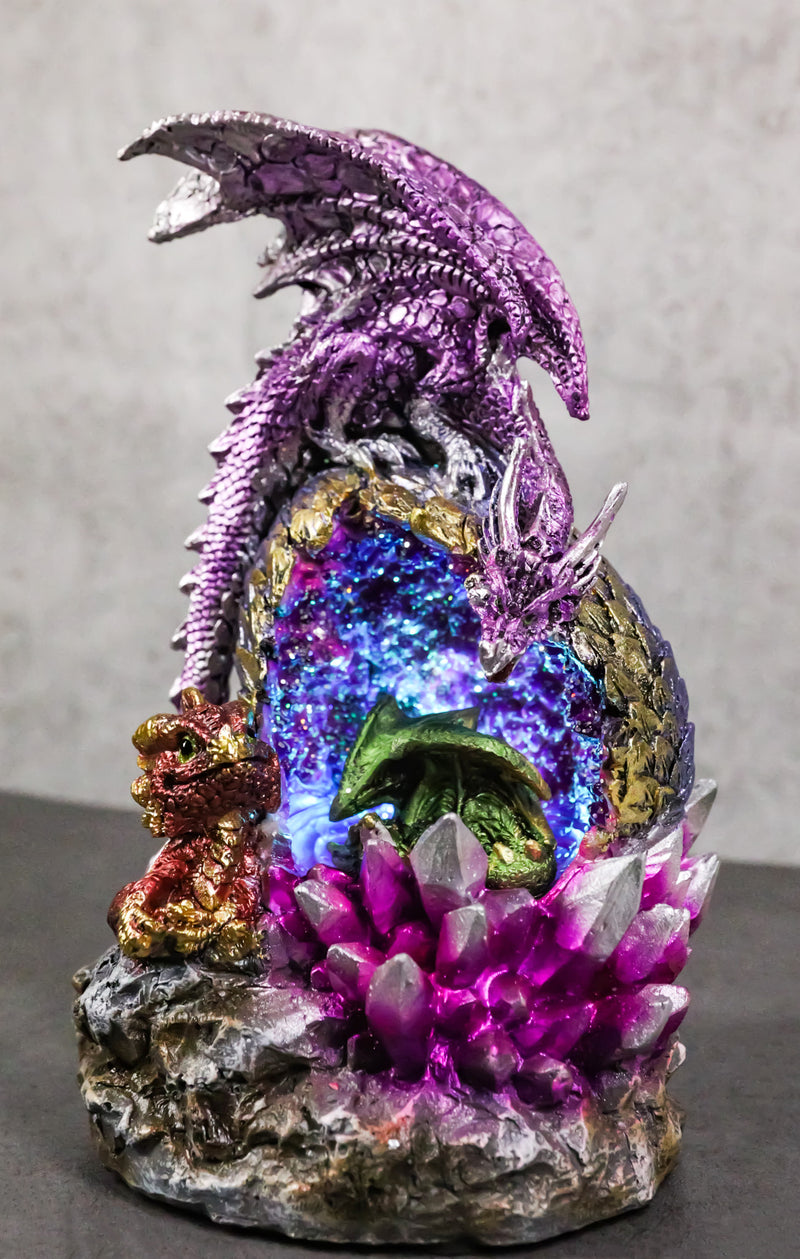 Purple Mother Dragon Guarding LED Faux Crystals Egg With Hatchlings Figurine