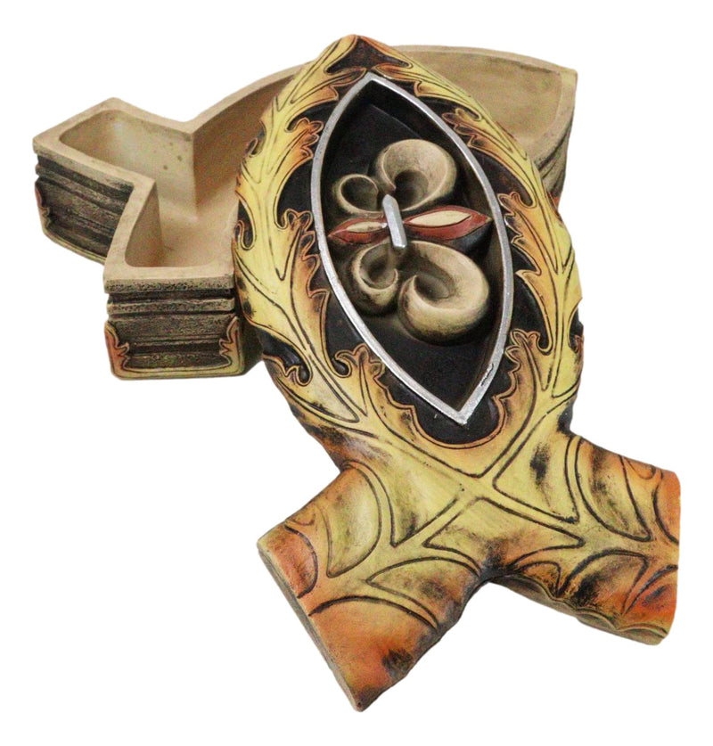 Faux Wood Jesus Fish Ichthys With Fleur De Lis Cross Decorative Trinket Box