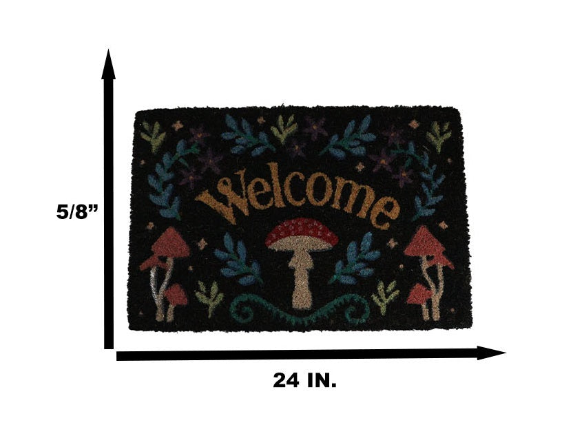 Welcome Mushrooms and Herbs Botanica Black Coir Coconut Fiber Floor Mat Doormat - Ebros Gift