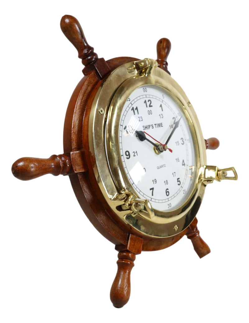 Nautical Vintage Wood and Brass 6 Spokes Ship Steering Helm Wheel Wall Clock