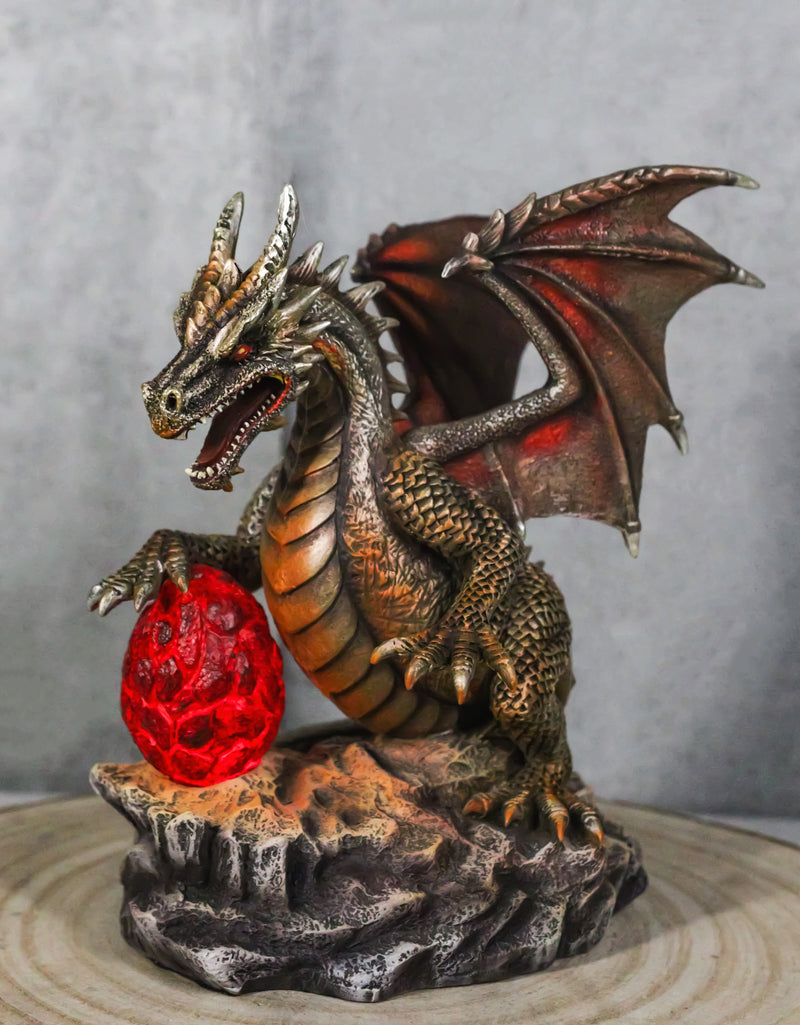 Fantasy Bronzite Fire Dragon Guarding LED Scaled Egg Decorative Figurine