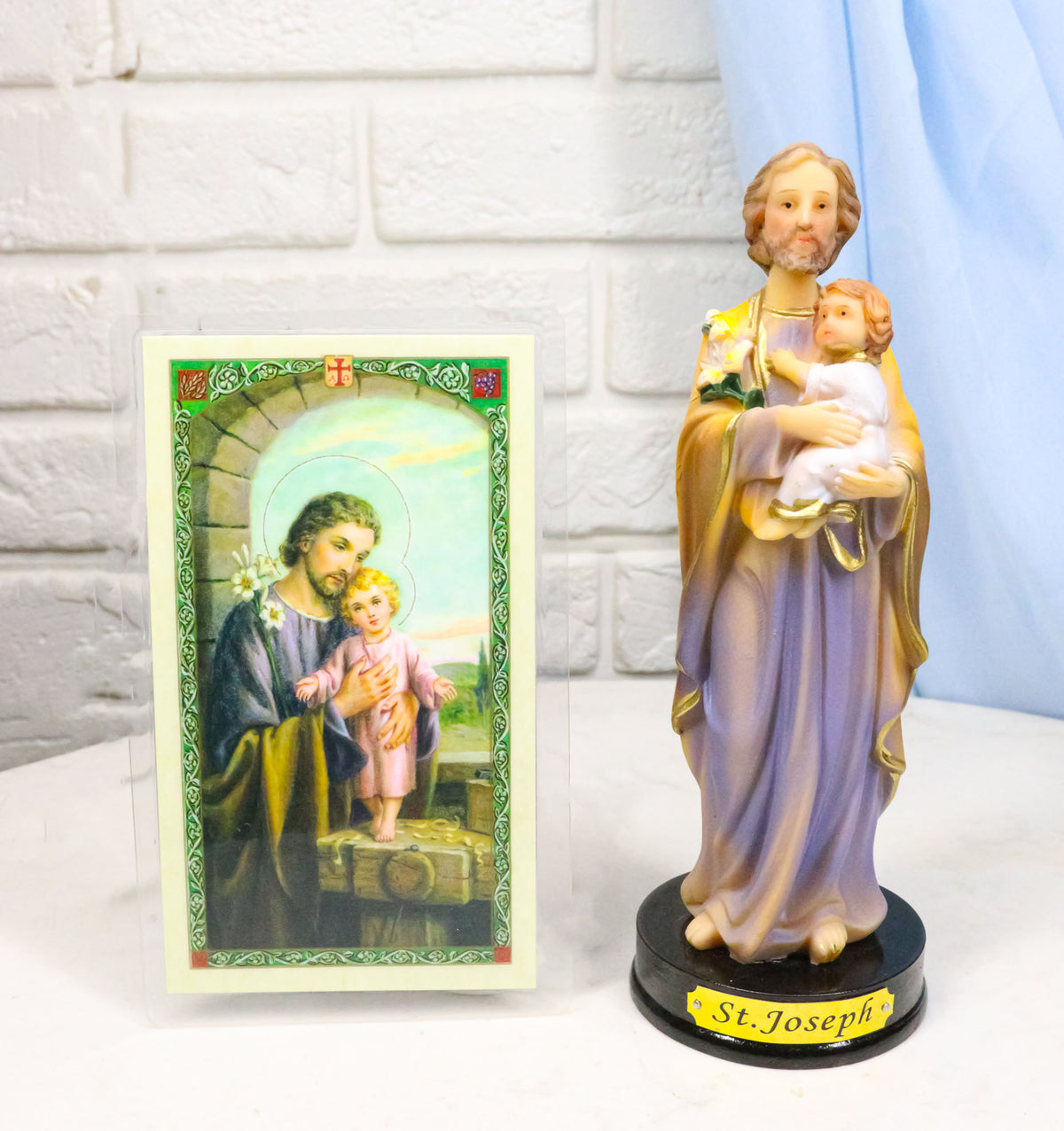 Catholic Saint Joseph With Baby Jesus Figurine Home Seller Kit With Prayer Card - Ebros Gift