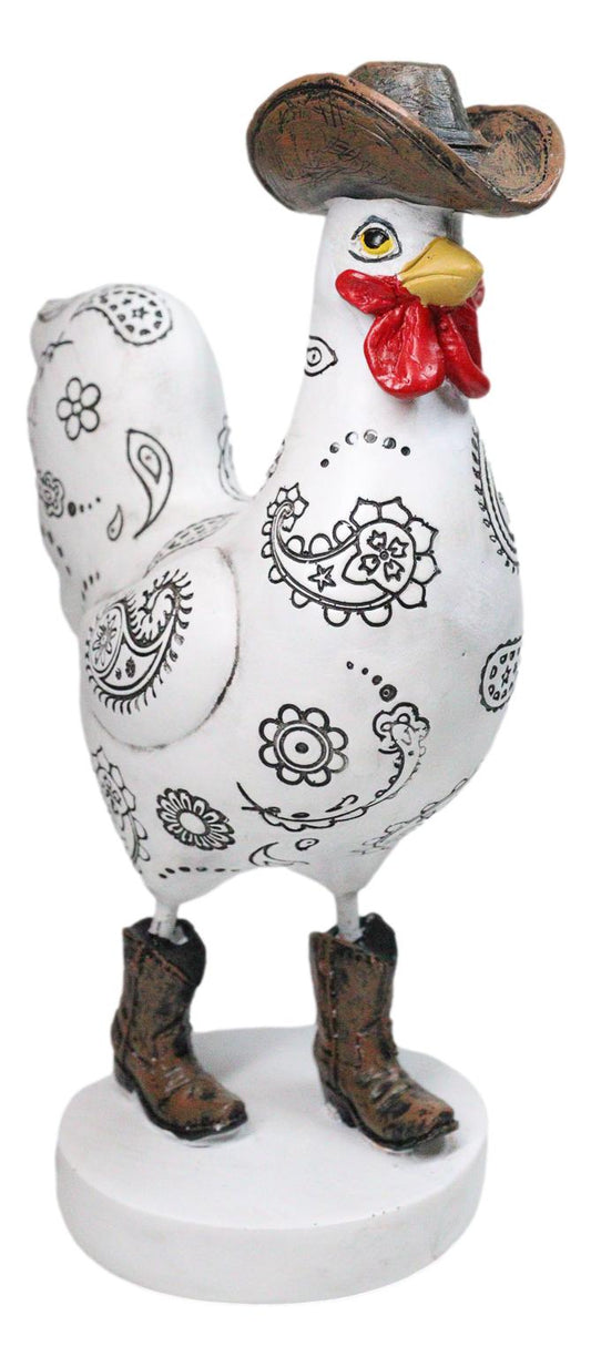 White Western Country Cowboy Chicken Rooster Wearing Hat And Boots Figurine 8"H