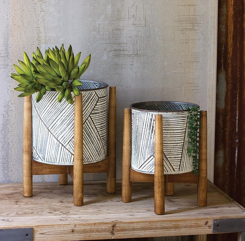 timber plant pot Kalalou Pressed Tin Planters with Wooden Bases,Set of 2