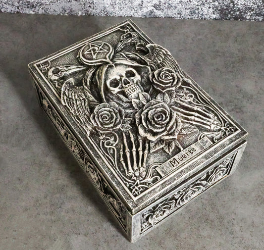 Santa Muerte Day Of The Dead Skull Pentagram Roses Tarot Cards Trinket Box - Ebros Gift