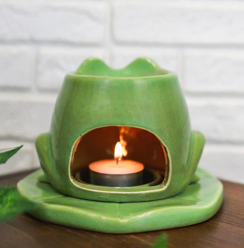 Whimsical Green Toad Frog On Lily Pad Ceramic Essential Oil Warmer Candle Holder