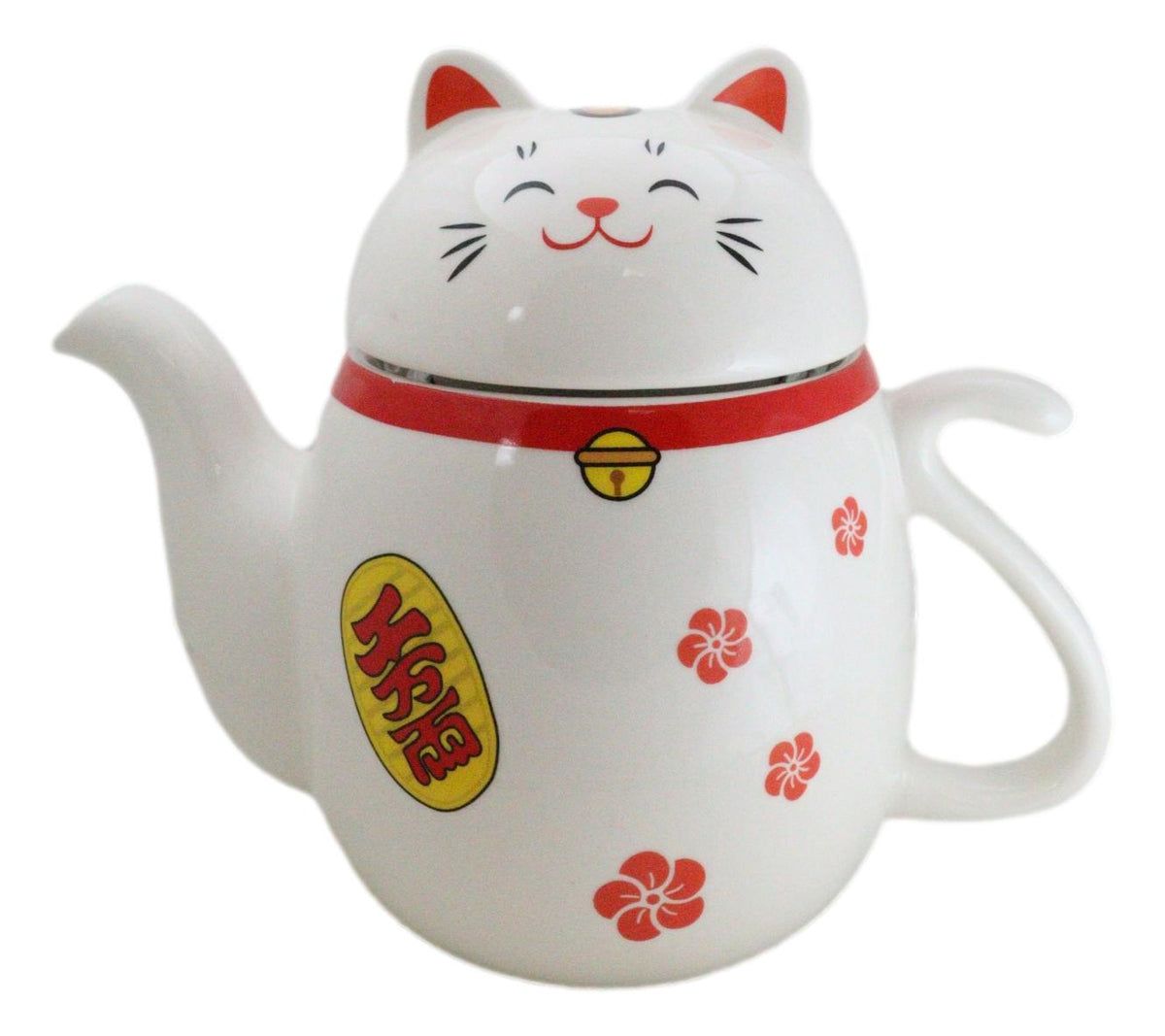 Japanese Maneki Neko Lucky Beckoning Cat Ceramic Tea Pot With Metal Strainer - Ebros Gift