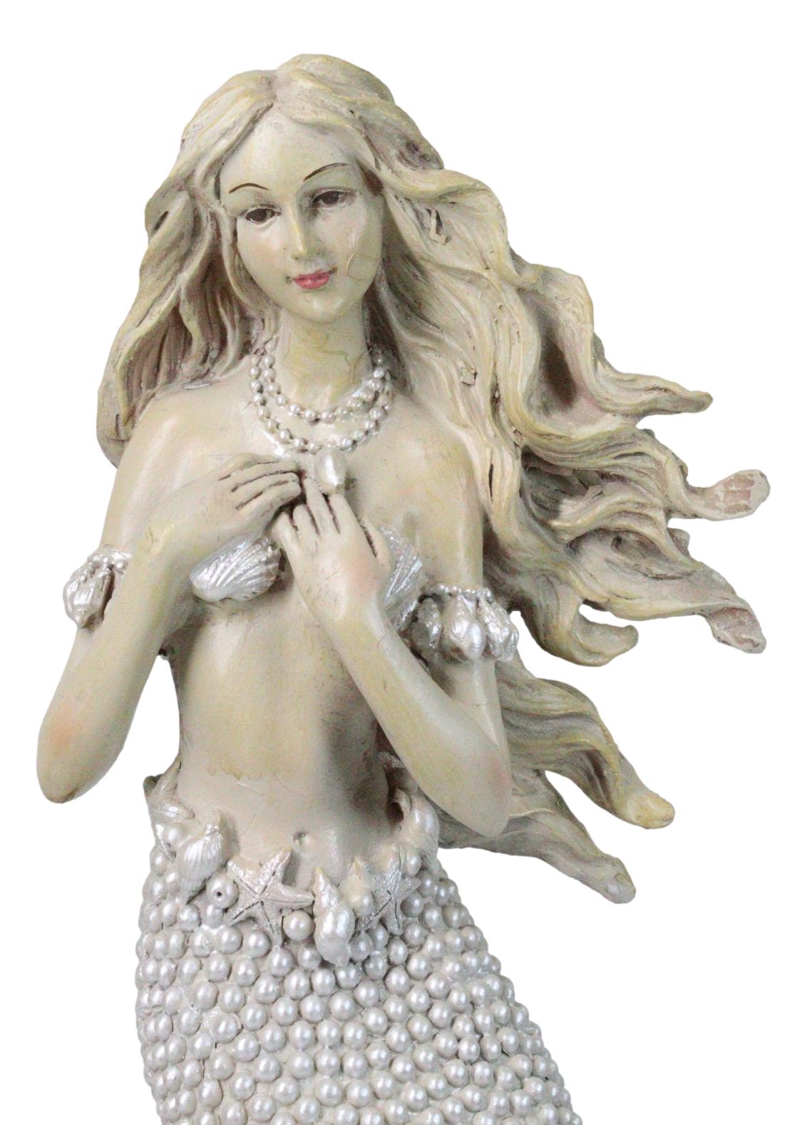 Marine Vintaged Pearly White Ariel Mermaid Sitting On Sea Rock Figurine 16" H