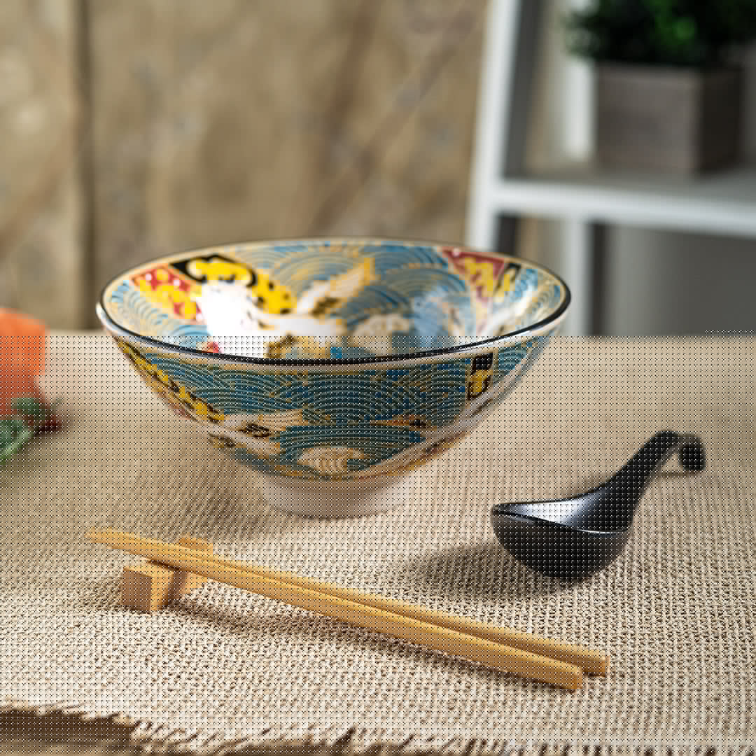 Japanese Crane Ceramic Ramen Rice Bowl With Soup Spoon Chopsticks And Rest Set