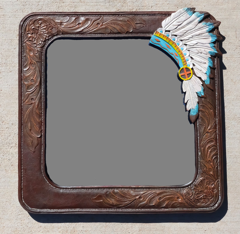 Rustic Southwestern Indian Chief Headdress Faux Tooled Leather Wall Mirror Decor