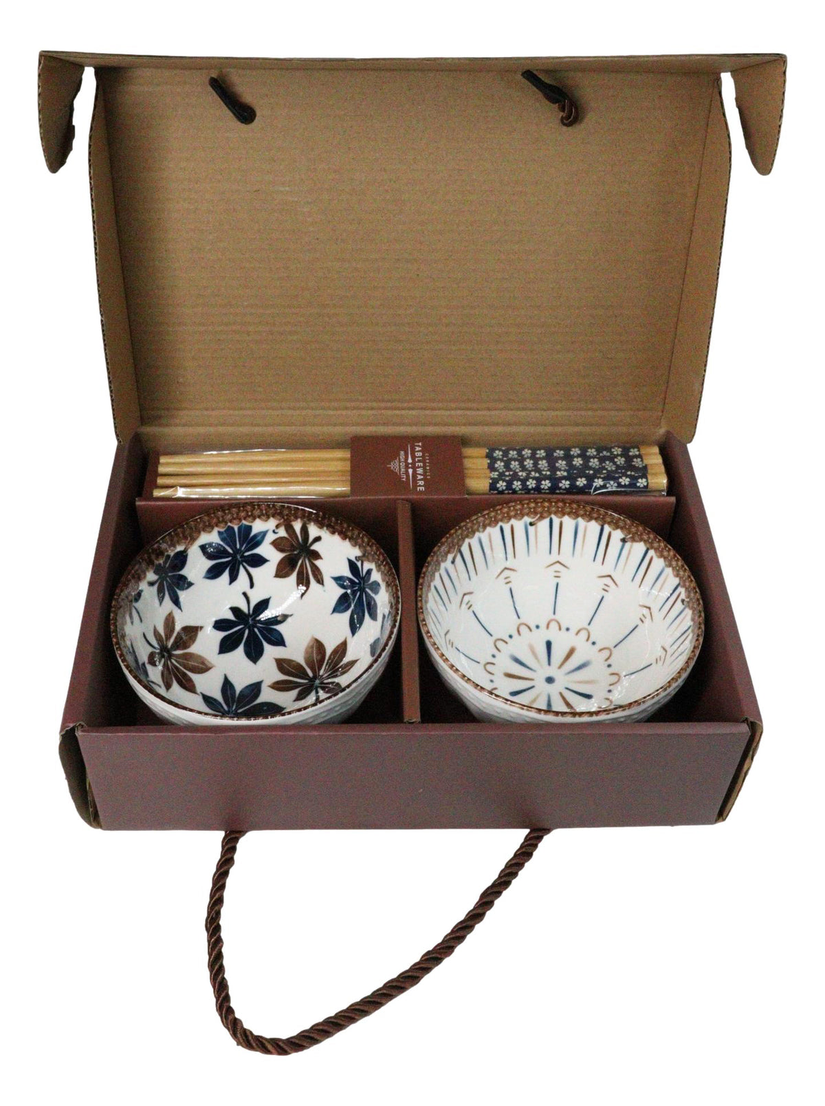 Ceramic Floral Arabesque Double Rice Bowl Gift Set with Chopsticks 10oz Bowls
