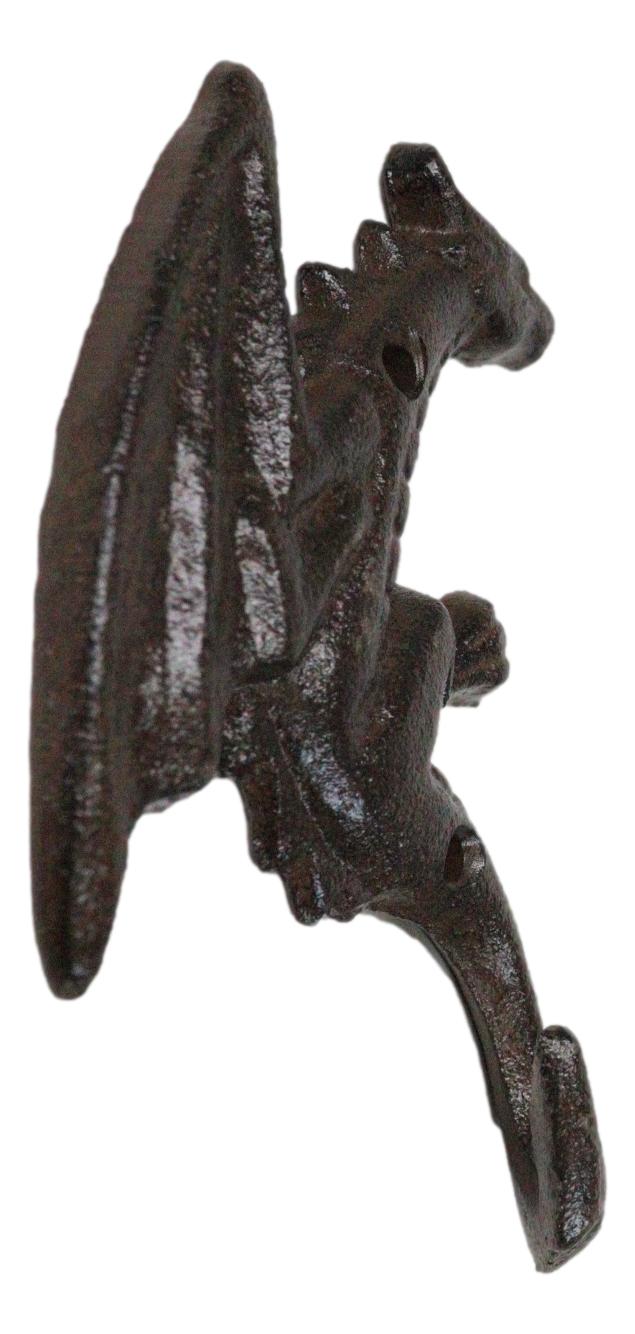 Set Of 2 Cast Iron Climbing Winged Sentinel Guardian Dragon Wall Hooks Sculpture