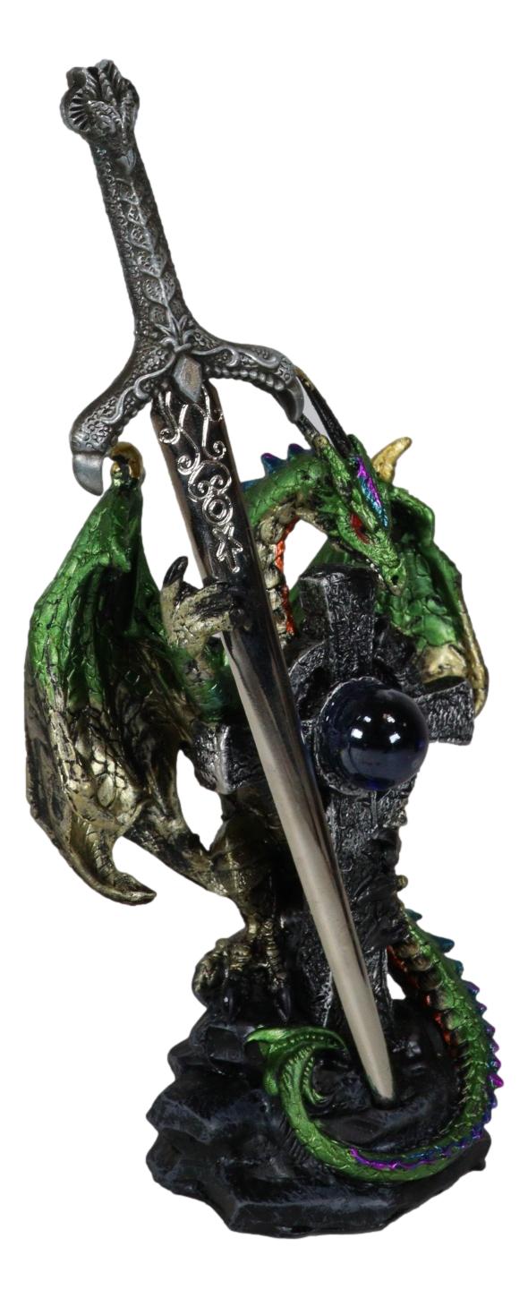 Green Druid Dragon With Celtic High Cross & Gothic Sword Letter Opener Figurine