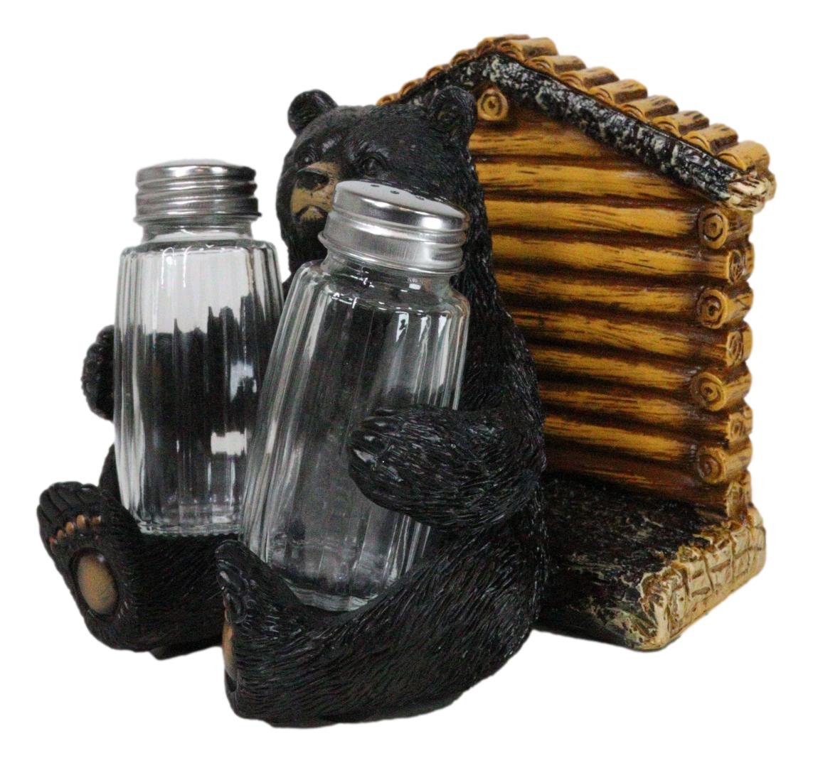 Forest Black Bear By Wooden Lodge Napkin And Glass Salt Pepper Shakers Holder