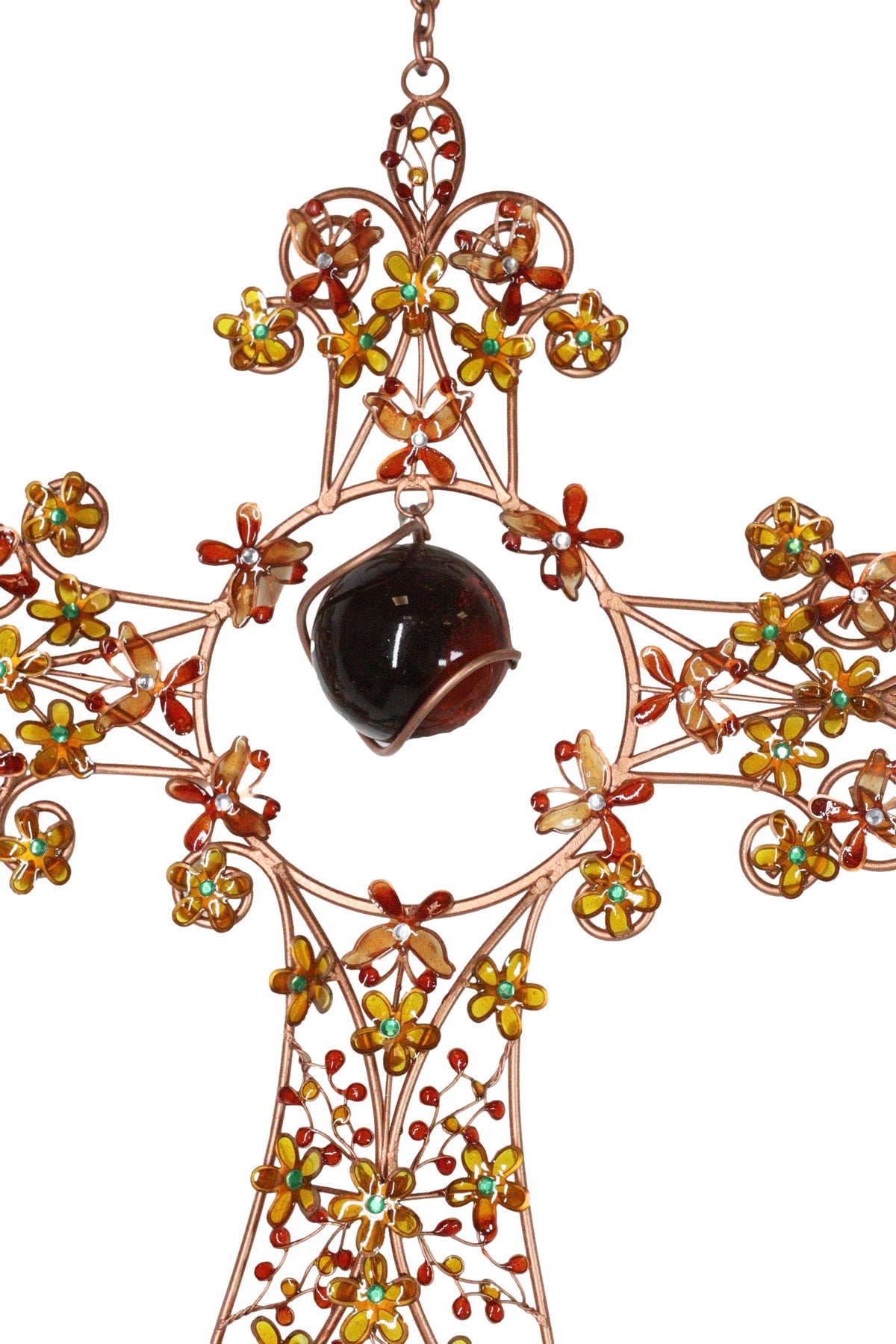 Autumn Floral Gemstones Fleur De Lis Christian Cross Art Glass Metal Wind Chime