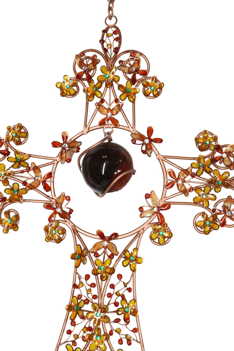 Autumn Floral Gemstones Fleur De Lis Christian Cross Art Glass Metal Wind Chime
