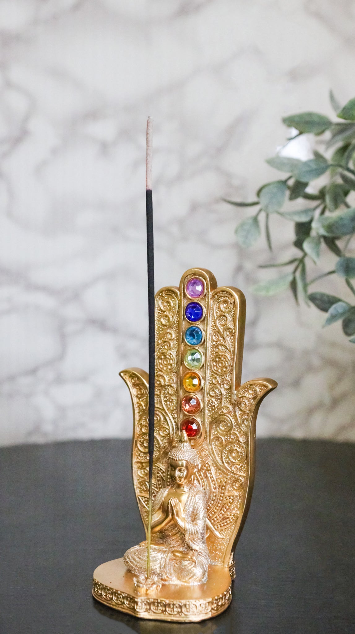 Golden Nirvana Hamsa Palm Buddha Rainbow Chakra Stones Incense Holder Figurine
