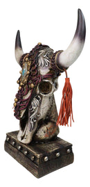 Rustic Western Cow Skull Turquoise Diamond Scrollwork Tassels Trophy Figurine