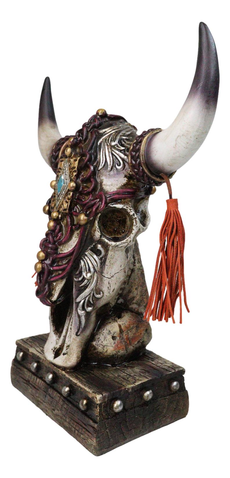 Rustic Western Cow Skull Turquoise Diamond Scrollwork Tassels Trophy Figurine