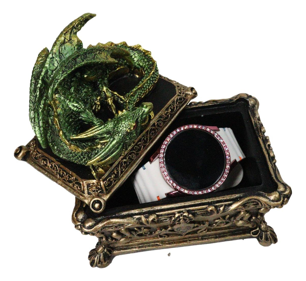 Green Dragon Decorative Jewelry Trinket Box with Sleeping Dragon on Gothic Tomb