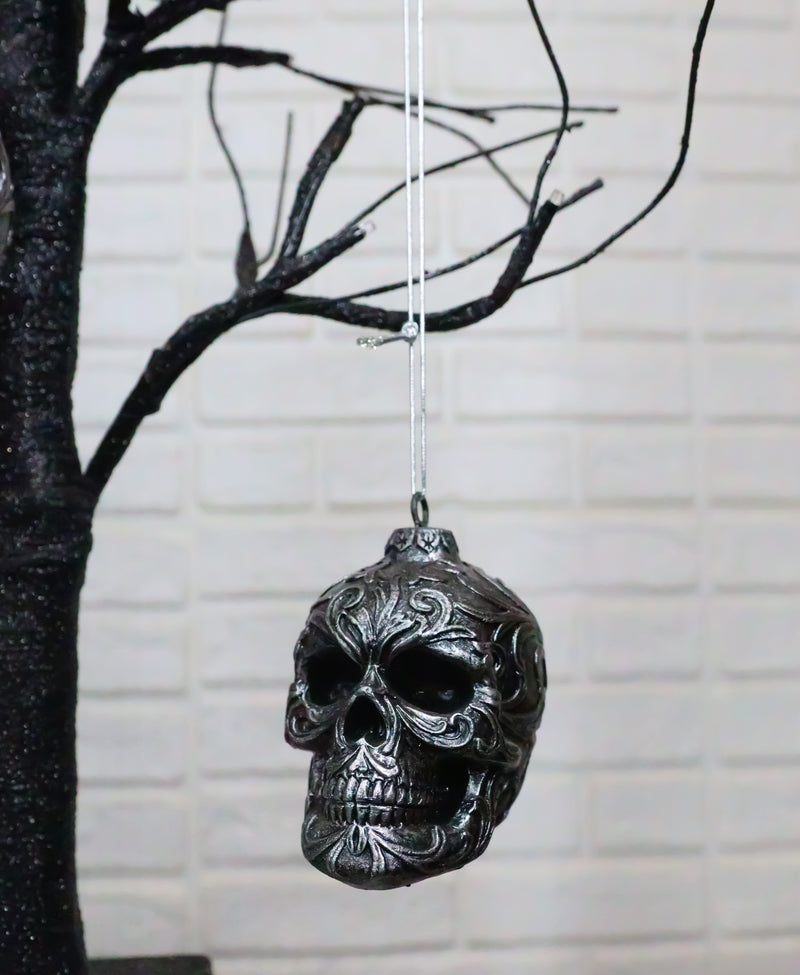 Set of 4 Day Of The Dead Faux Gunmetal Silver Tribal Tattoo Skull Tree Ornaments