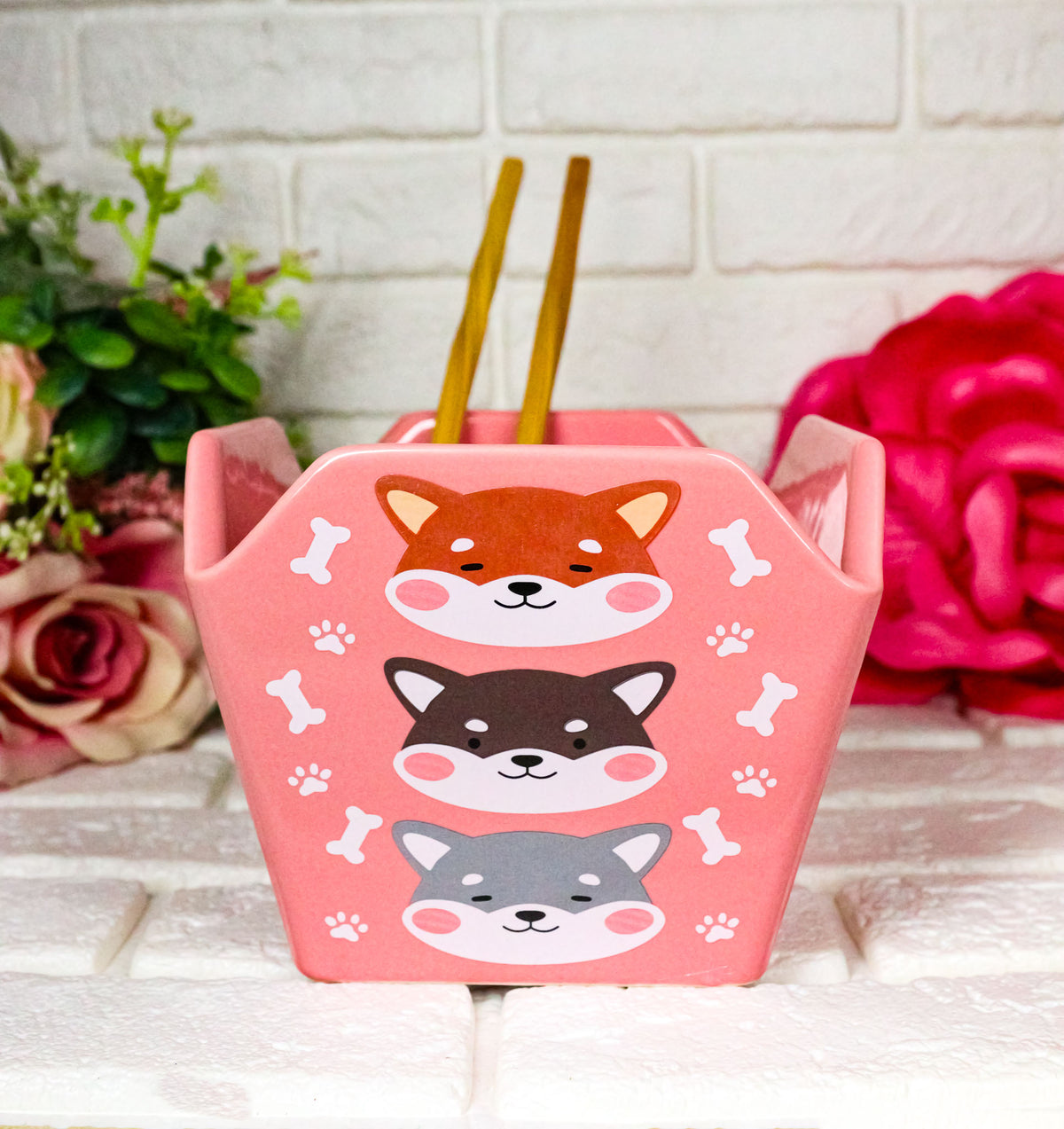 Pink Japanese Shiba Inu Dogs Takeout To Go Box Serving Bowl With Chopsticks Set