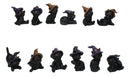 Set of 12 Halloween Black Cats With Witch Hats Mini Figurines In Multi Poses