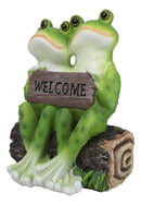 Romantic Frog Couple Sitting On Log Bench Holding Welcome Plank Sign Figurine