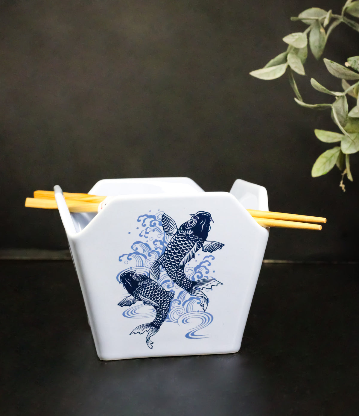 Blue Koi Fishes In Water Takeout To Go Box Serving Bowl With Chopsticks Set
