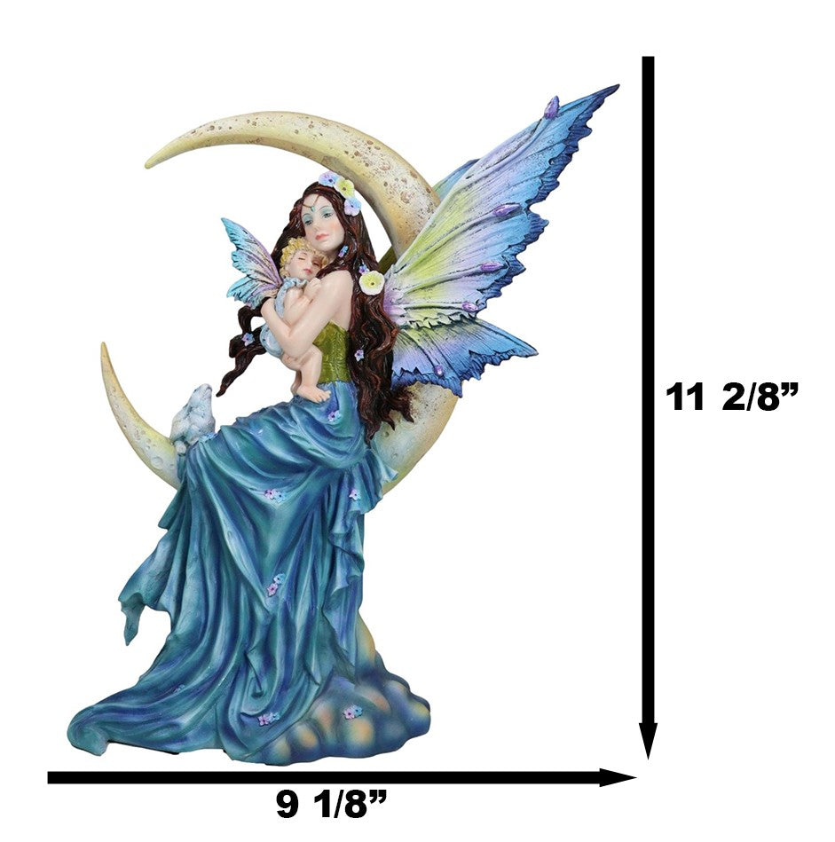 Crescent Moon Lullaby Mother Fairy in Blue Gown Embracing Her Child Baby Statue