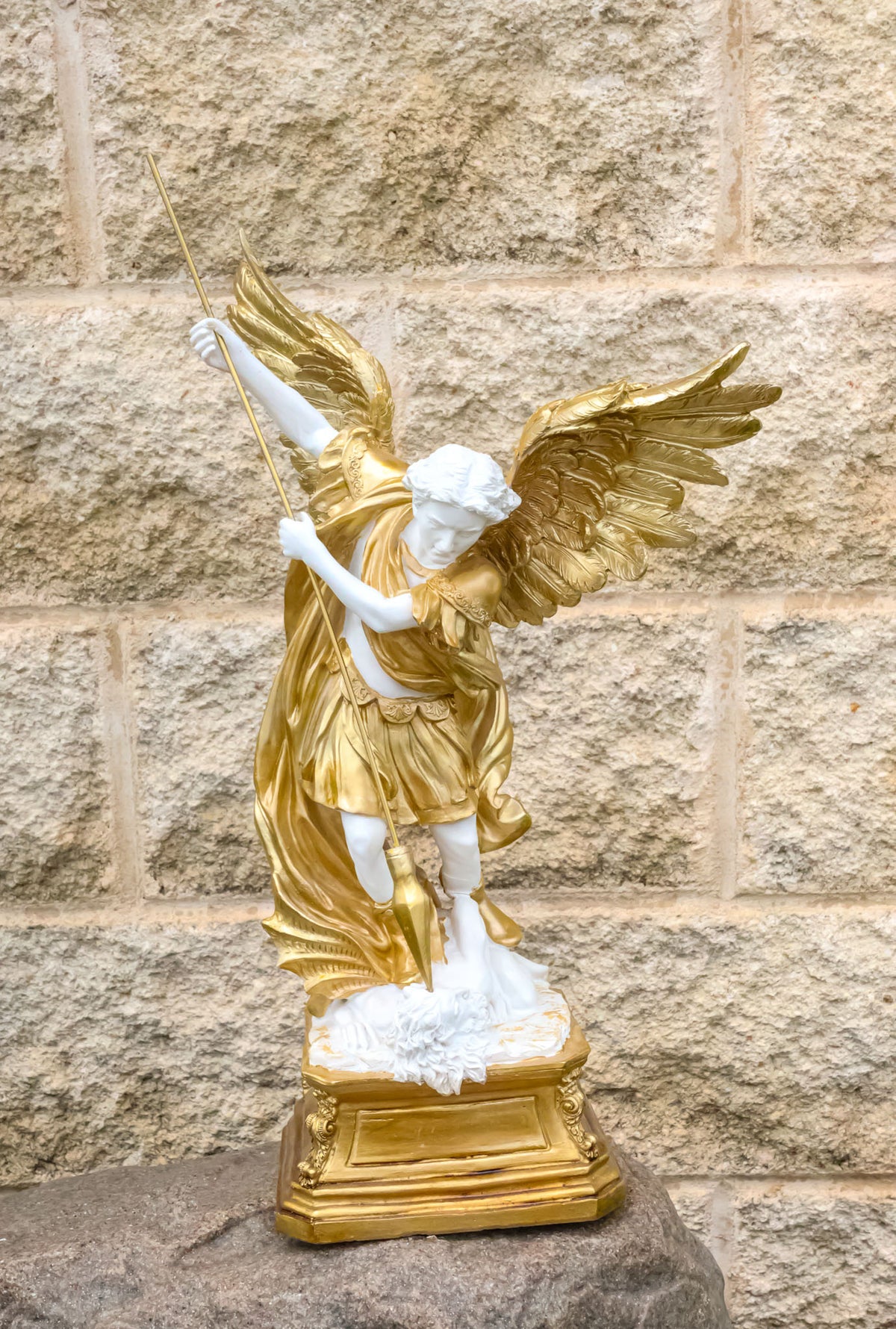 Renaissance Art Golden Large Archangel Saint Michael With Long Spear Statue 19"H