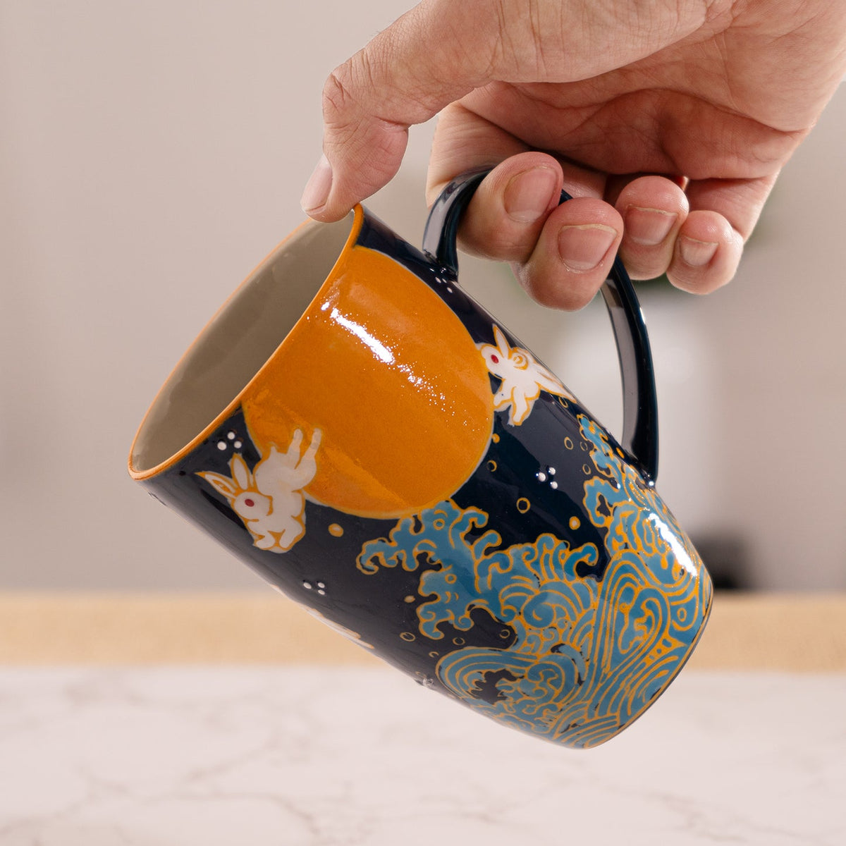 Blue Moon White Rabbit 15oz Porcelain Tea Mug With Lid & Stainless Steel Infuser