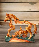 Rustic Western Running Horse Faux Wood Sculpture with Cowboy Riding Bronco