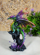 Iridescent Green Purple Dragon Perching On Cliff Rock with Crystals Figurine