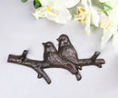 Set of 2 Cast Iron Rustic 2 Lovebirds Perching On Branch 2-Pegs Wall Hooks