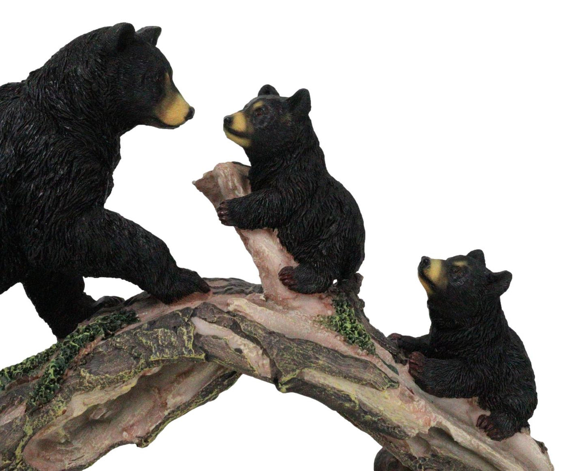 Rustic Forest Black Bear Mother and 2 Cubs Climbing On Tree Log Bridge Figurine
