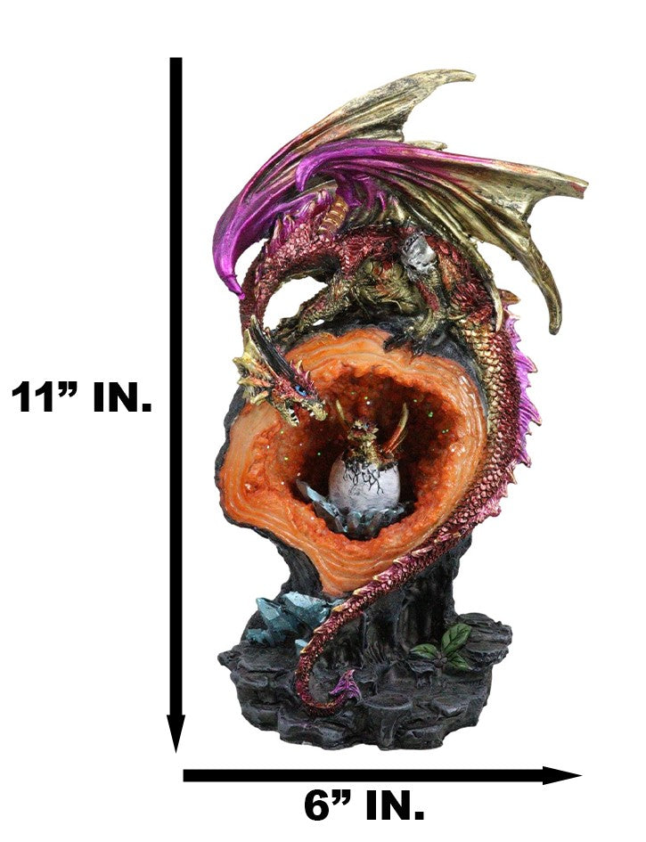 Pink Gold Dragon On Faux Crystal Orange Rock Geode With Hatchling Egg Figurine