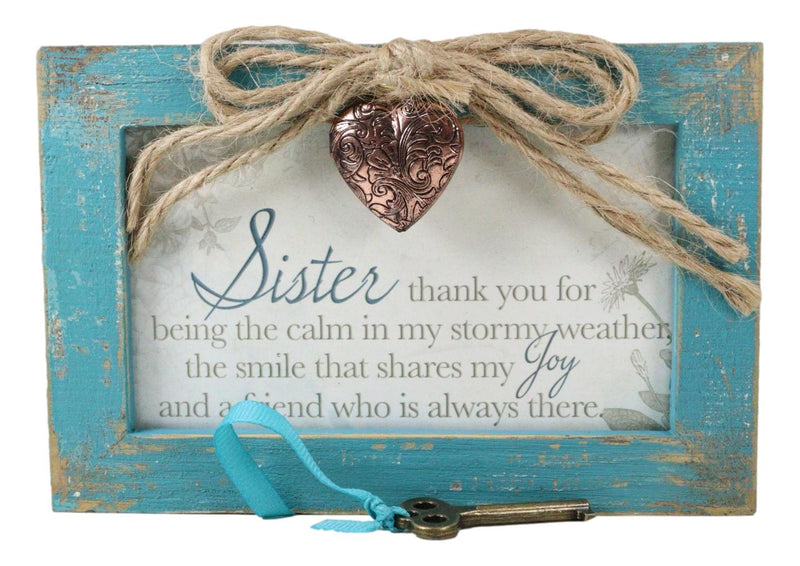 Sister Thank You Calm And Joy Locket Heart Teal Wood Musical Trinket Box 4"X6"