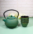 Green Tokusa Gold Streaks Tetsubin 27oz Cast Iron Tea Pot With 4 Cups Set